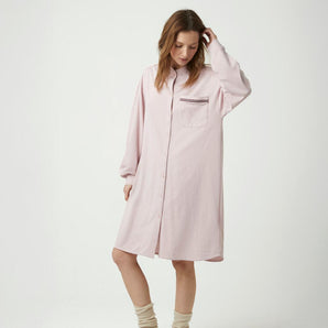 Dusty pink cotton gown with mandarin collar and button placket,