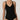 Close-up of black forming bodysuit showing molded bust and V-neckline