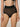A model wearing high-waisted sheer black mesh briefs with a solid black waistband, shown from the waist down against a light beige studio background.