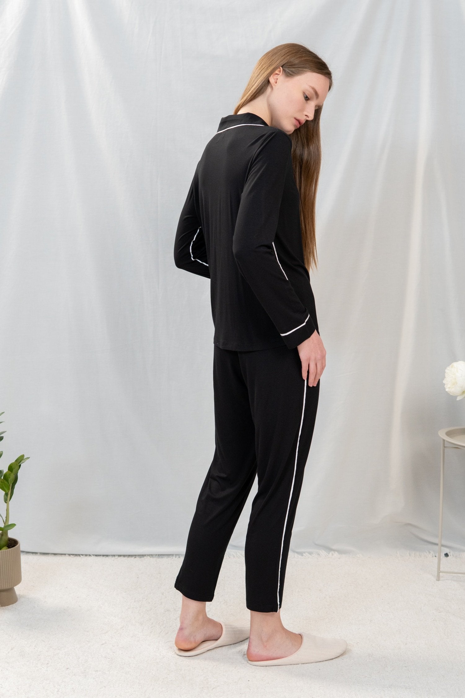 Essential soft lux trim long pajama set in black